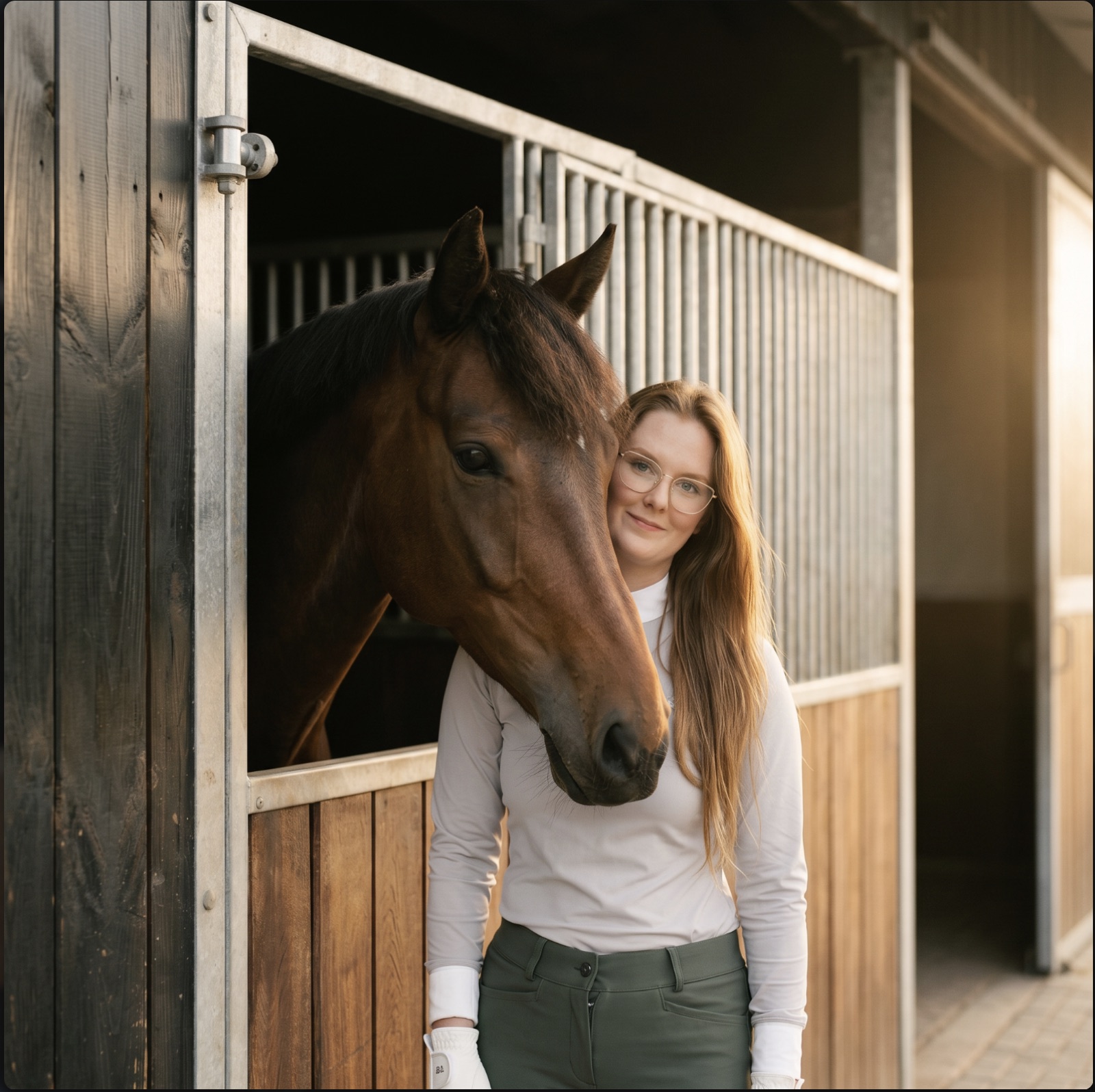 Coach and bay horse at the stable